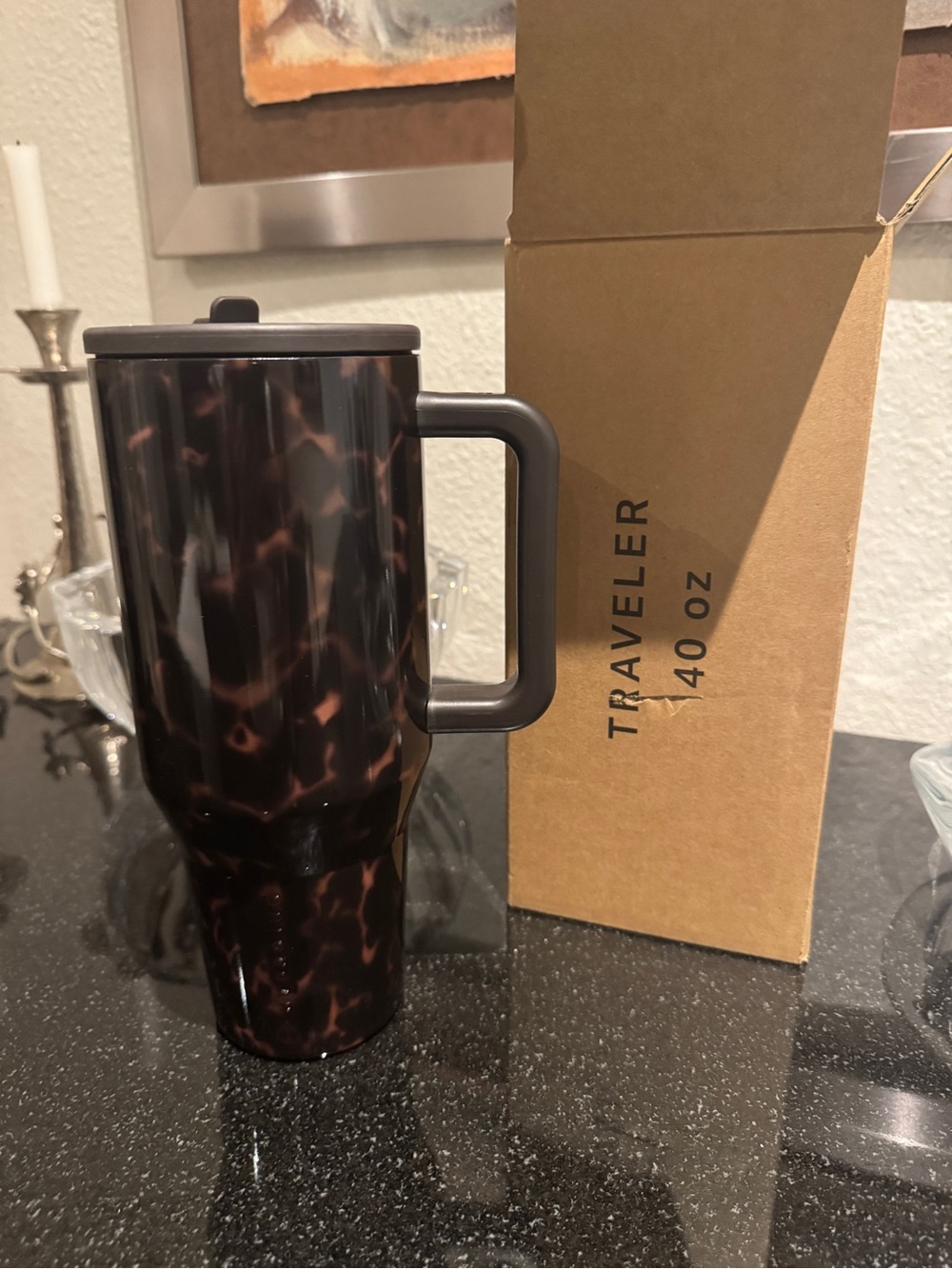 HydroJug 40 oz Tortoiseshell Brown Traveler Mug with Handle